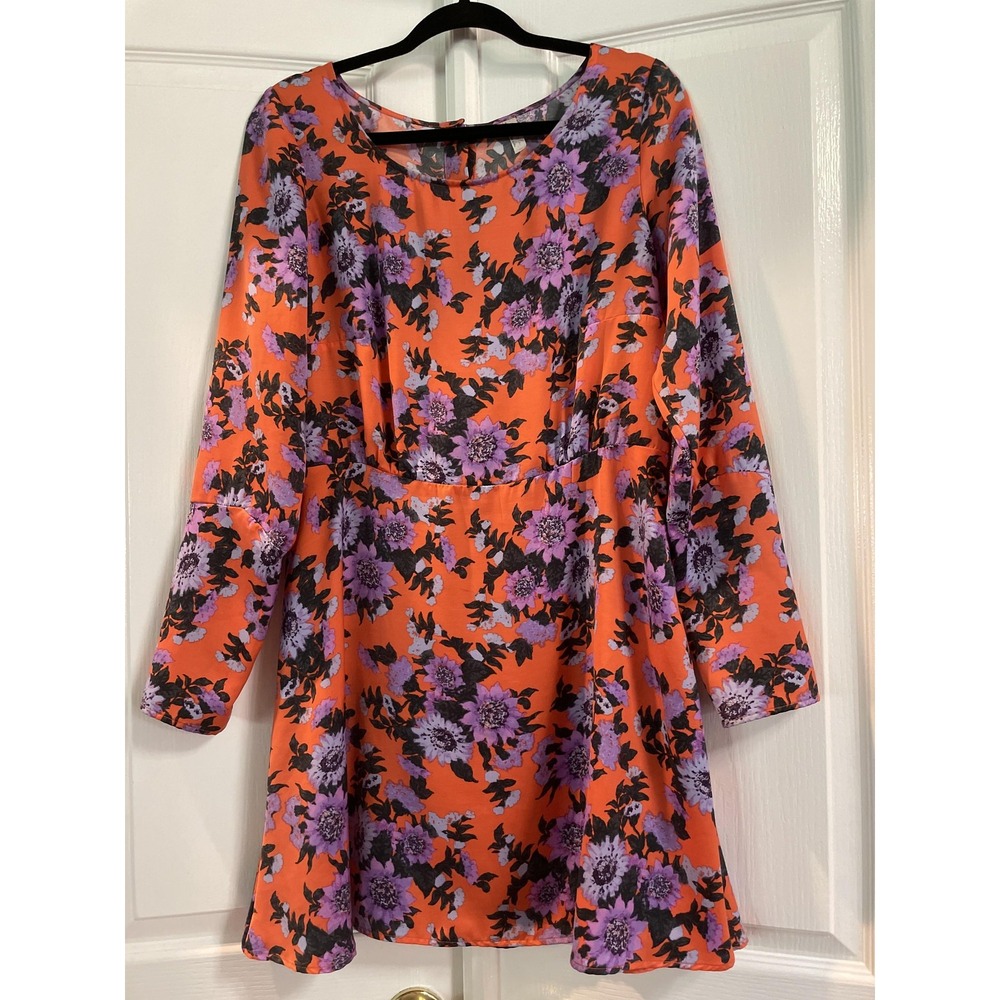 Free People Dress Womens 8 Orange Purple Floral Long‎ Sleeve Button Back A-Line